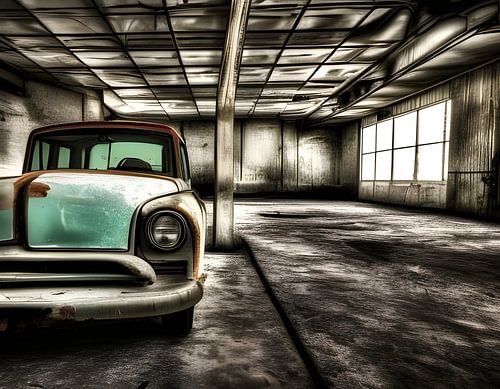 Oldtimer in verlaten fabriek