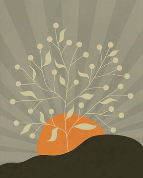Minimalistische Landschaft mit einem Baum und einer Sonne in Orange von Tanja Udelhofen