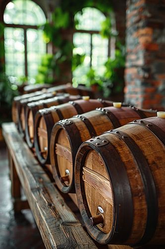 Rij oude eikenhouten vaten in een kelder