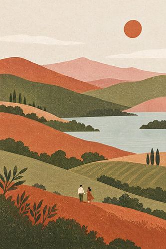 Spaziergang zu zweit am See – Herbsthügel