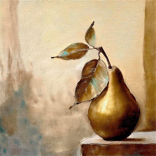 Stilleben in Gold - Birne auf Tisch.  Serie: Stilleben im Aquarellstil