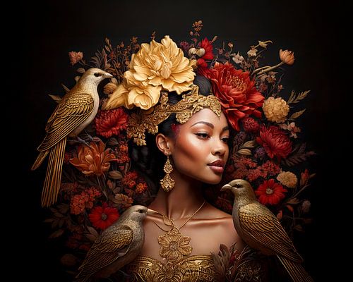 Woman with gold and red flowers and birds