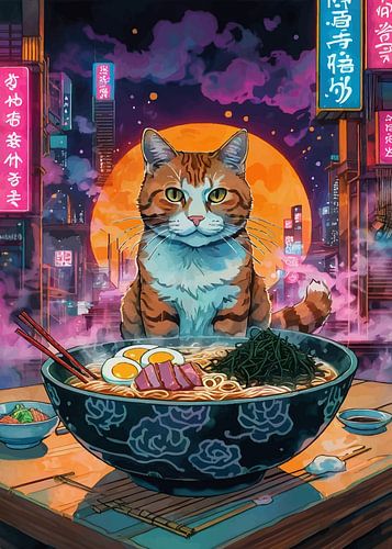 Oranje kat zittend voor Japanse Ramen