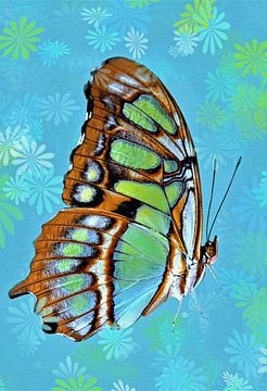 Blauw groene vlinder met psychedelische bloemen van Maud De Vries