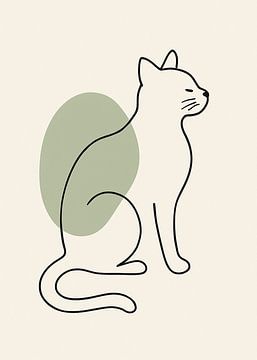 Minimalist Line Art Cat – With Green Accent by Mare Tema