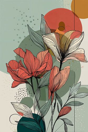 Botanische Illustratie in Koraal en Petrol no.7