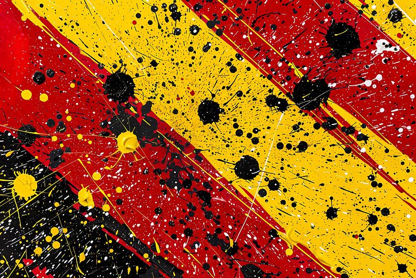Abstracte kunst met dynamische spetters in rood, geel en zwart van Art & Soul Creations