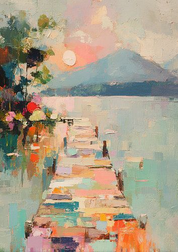 Steiger op het meer in de zomeravond