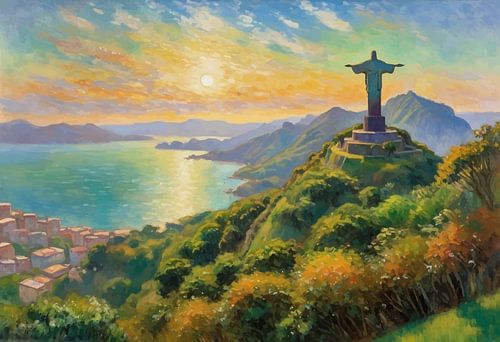 Rio de Janeiro met Christus de Verlosser bij zonsondergang