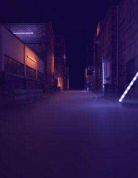 Neblige Gasse bei Nacht, beleuchtet von Neonlichtern. von Ysbrand Cosijn