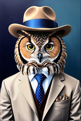 Uil in pak met hoed