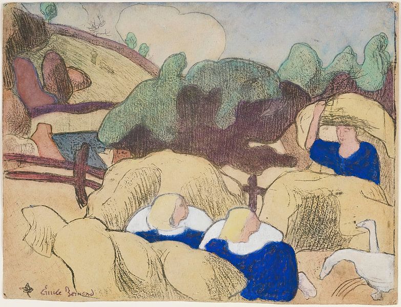 Emile Bernard - Vrouwen bouwen hooibergen (1889) van Peter Balan