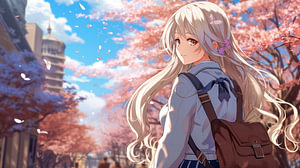 Ein japanisches Anime Highschool-Mädchen mit langen weißen Haaren und blauen Augen, mit blühenden Kirschblüten im Frühling
