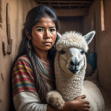 Girl with llama in Peru by Gert-Jan Siesling