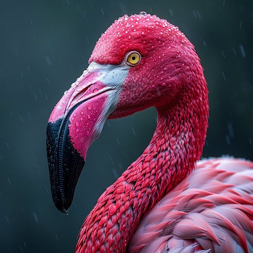 Close Up Pink Flamingo In Rain Drops
