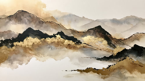 Abstrakte, nebelverhangene Berge – Japandi-Minimalismus mit goldenen Akzenten