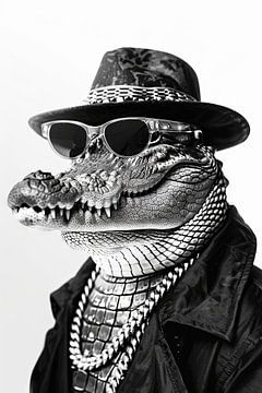 Stijlvol portret van een krokodillenkop met zonnebril en hoed van Felix Brönnimann