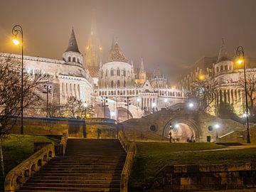 The Fishermen's Bastion and Matthias Church in the mist in the evening