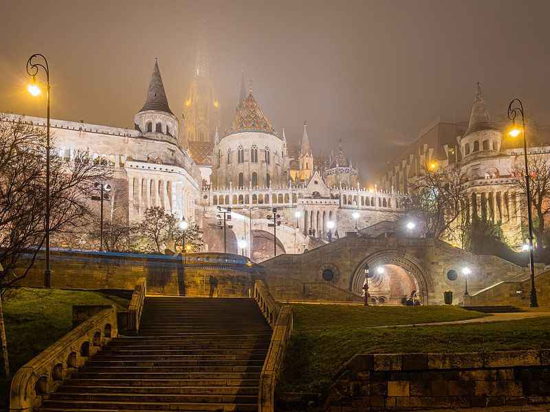 The Fishermen's Bastion and Matthias Church in the mist in the evening by Jeroen de Jongh Photography