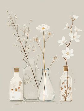Illustration im japanischen Stil, Stillleben mit weißen Blumen von Japandi Art Studio