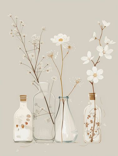 Illustration in Japandi style, still life of white flowers