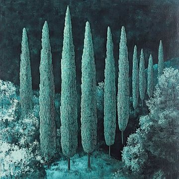 Cyprès la nuit - impression d'art avec une aura mystique