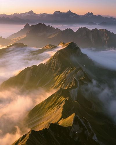 Bergsilhouetten in een gouden gloed