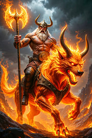 Dark Fantasy Art Wandbild: INFERNAR – Der teuflische Wikinger auf seinem Ungeheuer aus der Hölle von INFERAURUM - Dark Fantasy Wall Art & Poster