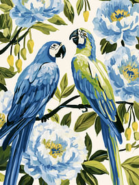 Blauwe papegaaien tussen de bloemen