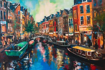 De Oudezijds Voorburgwal in Amsterdam als impressionistisch schilderij van Roger VDB