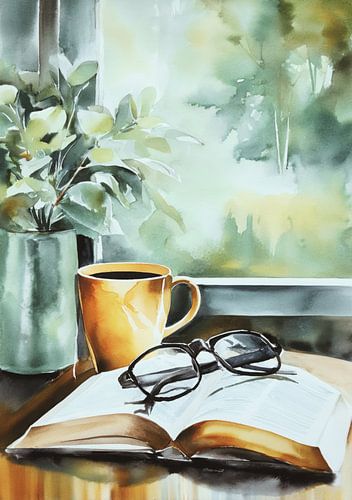 Boek en koffie bij het raam - aquarelscène