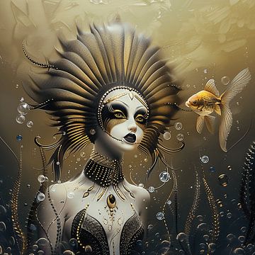 Sunflower Queen and the Goldfish - 2 | Abstract van Karina Brouwer