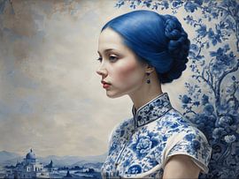 Porträt einer Frau in Delfter Blau von Jolique Arte