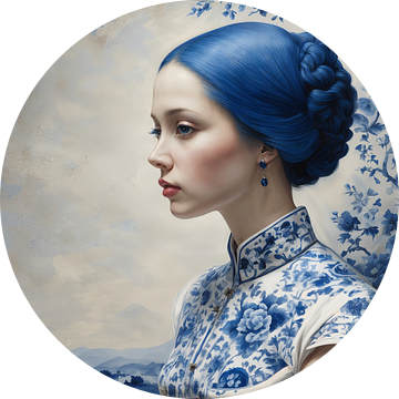 Een portret van een Delfts blauwe vrouw van Jolique Arte