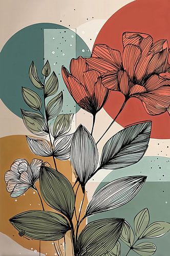 Botanical Illustration in Coral and Petrol no. 11