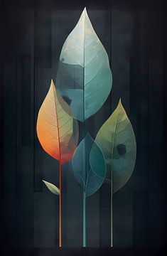 Vier abstrakte Blätter vor einem dunklen Hintergrund