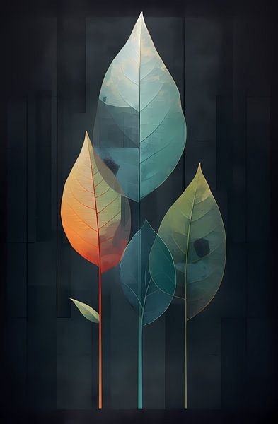 Four abstract leaves against a dark background by Steinfox Art