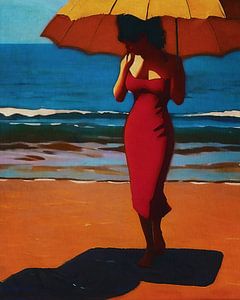 Femme avec un grand parasol sur la plage sur Jan Keteleer