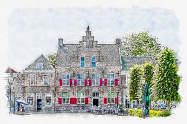 Hotel Het Raedthuys in Sint-Maartensdijk (Tholen) (watercolour) by Art by Jeronimo