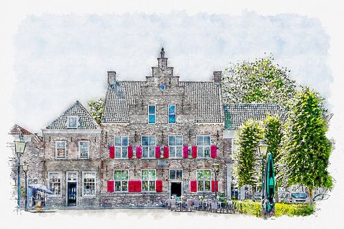 Hotel Het Raedthuys in Sint-Maartensdijk (Tholen) (aquarel)