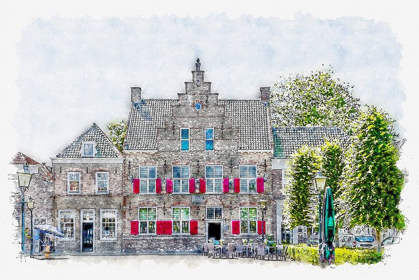 Hotel Het Raedthuys in Sint-Maartensdijk (Tholen) (Aquarell) von Art by Jeronimo
