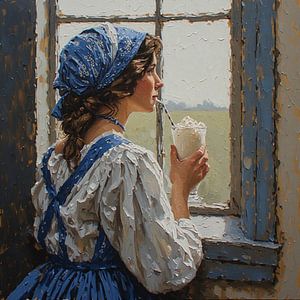 Ein Porträt eines Mädchens auf dem Land im Delfter-Blau-Stil mit einem Milchshake.