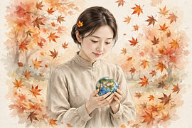 Aquarelle aux couleurs chaudes d'automne représentant un globe terrestre sur Henk Egbertzen
