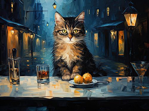 Kat in het nachtelijke stadslicht