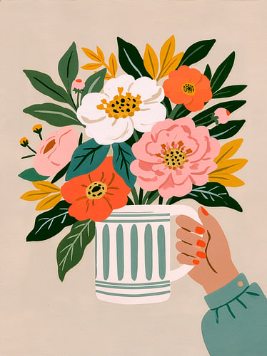 Kleurrijk boeket in mok met hand illustratie