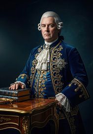 Mann in blauem Kostüm neben einem Schreibtisch mit Büchern von Markus Gann