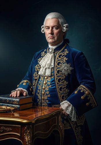 Man in blauw periode kostuum naast bureau met boeken