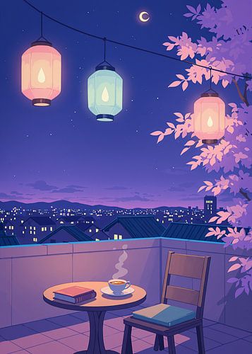 Anime Rooftop Lofi Japan Kersenbloesem Nacht Sakura van Ruzerin