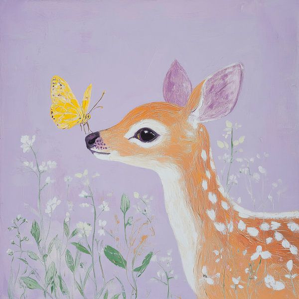 Deer with butterfly in a field of flowers by Poster Art Shop