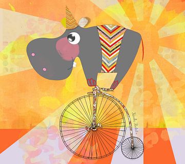 Nijlpaard op fiets voor in een kinderkamer van Nicole Habets